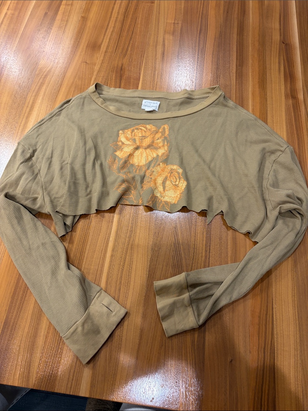 Free People Tan Cropped Ribbed Top with Orange Rose Print